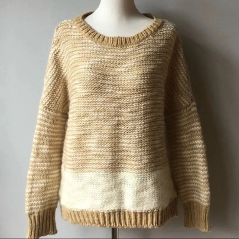 Nordstrom Trouvé Tan Stripe Reverse Stitch Wool Sweater S